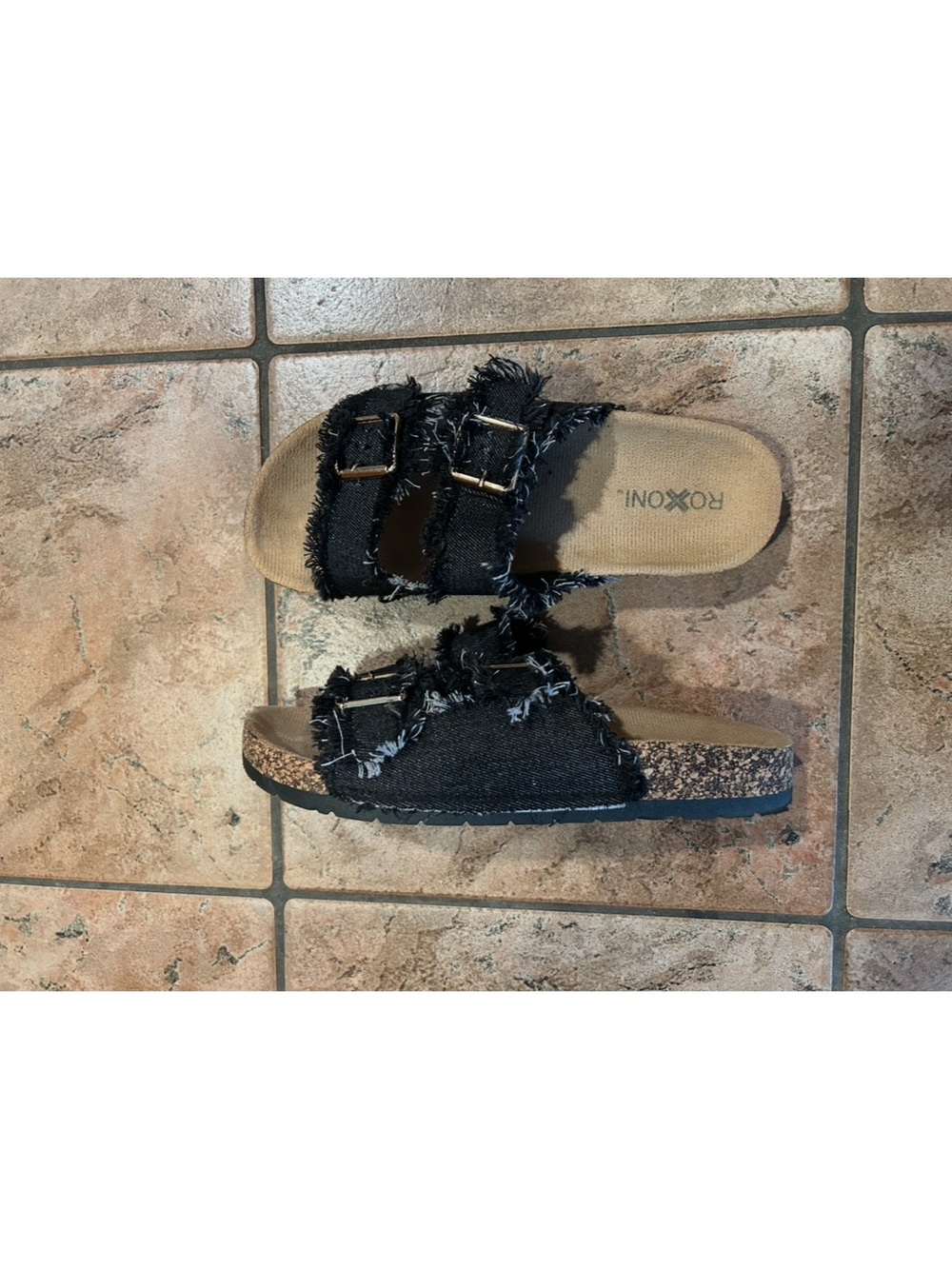 Roxoni Black Double-Buckle Fringe Slide Sandals